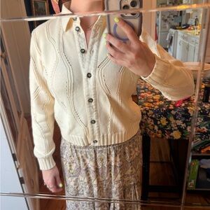 100% cotton vintage Cream Button-Front Knit Sweater Cardigan— Blue Willis size L